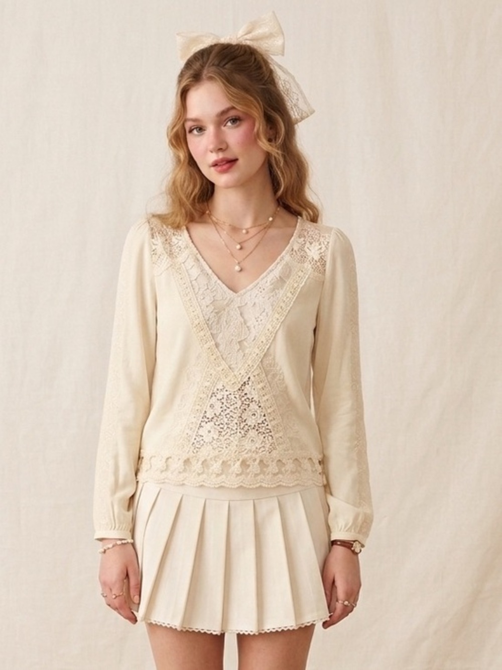 Champagne & Strawberry Cream/Butter Yellow Lace Long Sleeve Blouse M‎ Coquette